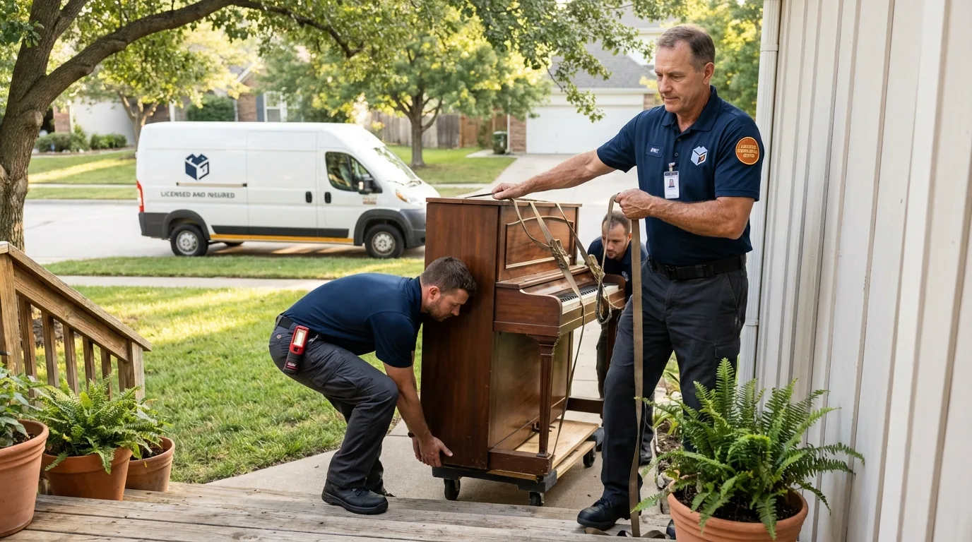 Licensed piano movers securing grand piano in Oshkosh, WI
